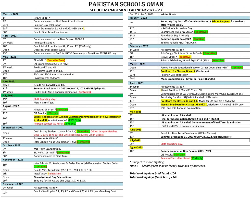 Academic Calendars Pakistan School